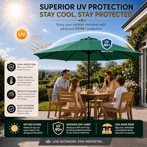 GlamHaus Green Garden Parasol Umbrella with UPF 40 Protection and Cover – 4
