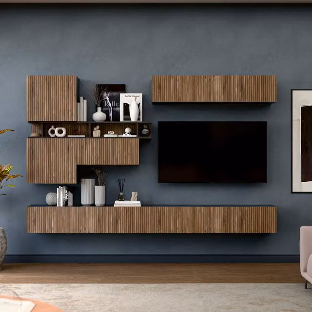 Decorotika Telby Modern Wall Mounted Entertainment Center in Black with Geometric Alina Pattern