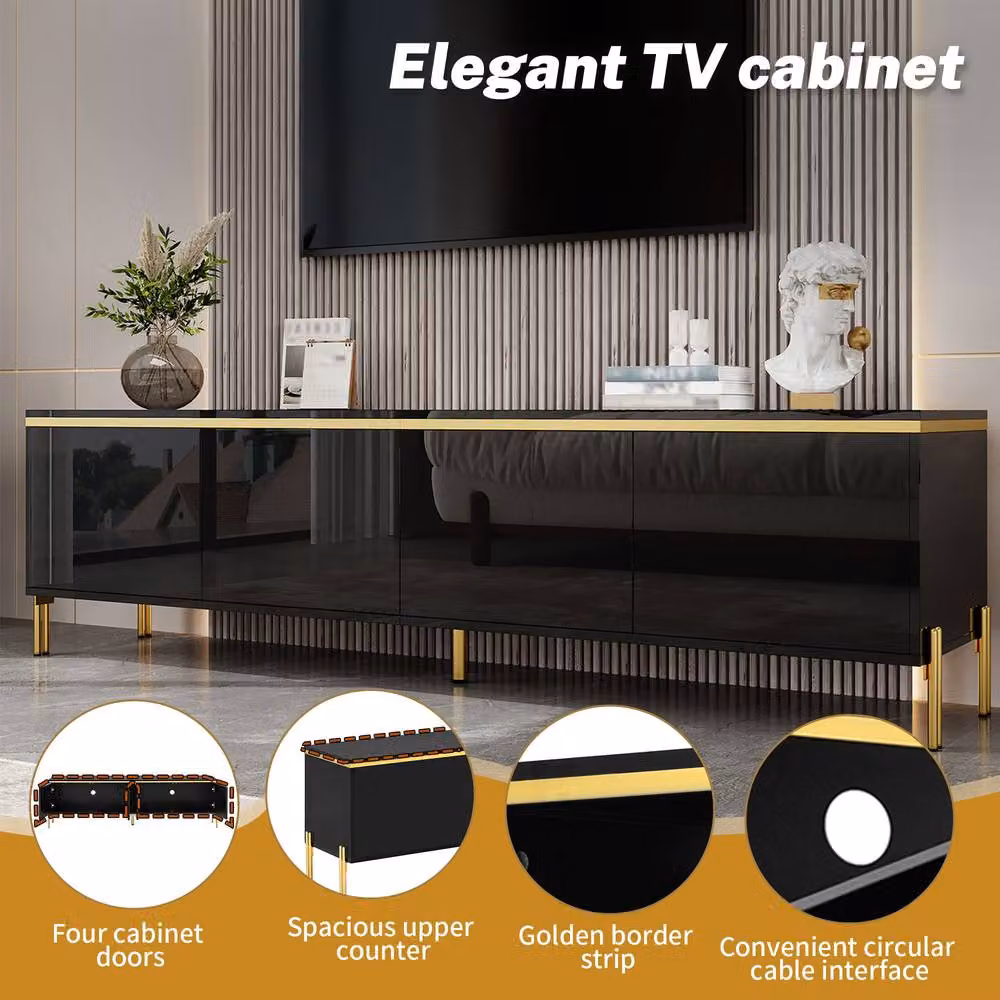 Merax Modern High Gloss TV Unit in Black with Gold Metal Legs and 4 Doors, Width: 170 cm – 6