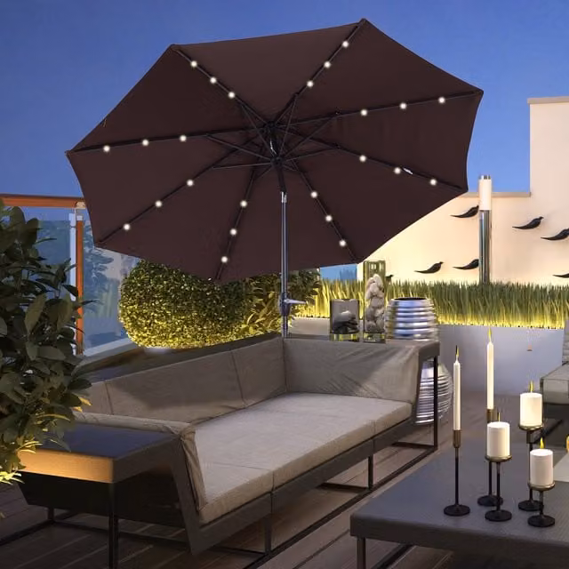 Outsunny 24 LED Parasol Umbrella with Solar Powered Chain Light in Brown