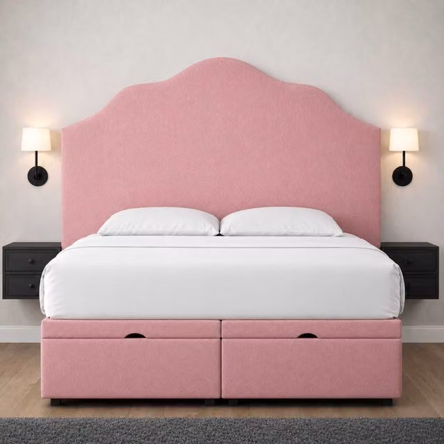 K Mehmood Enterprise Ltd Modern Upholstered Fabric Gas Lift Storage Bed with Headboard in Pink, W/D/H: 140 x 200 cm