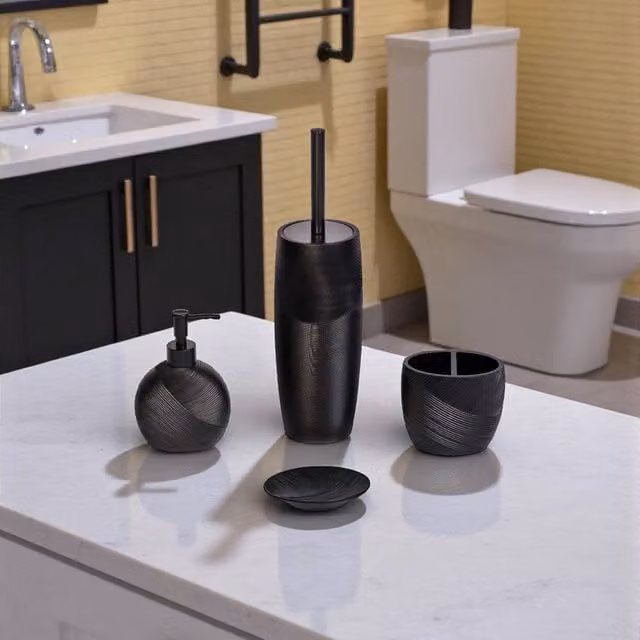 Showerdrape Ripple Textured 4 Piece Black Bathroom Accessory Set including Soap Dispenser, Soap Dish, Toothbrush Holder and Toilet Brush – 1