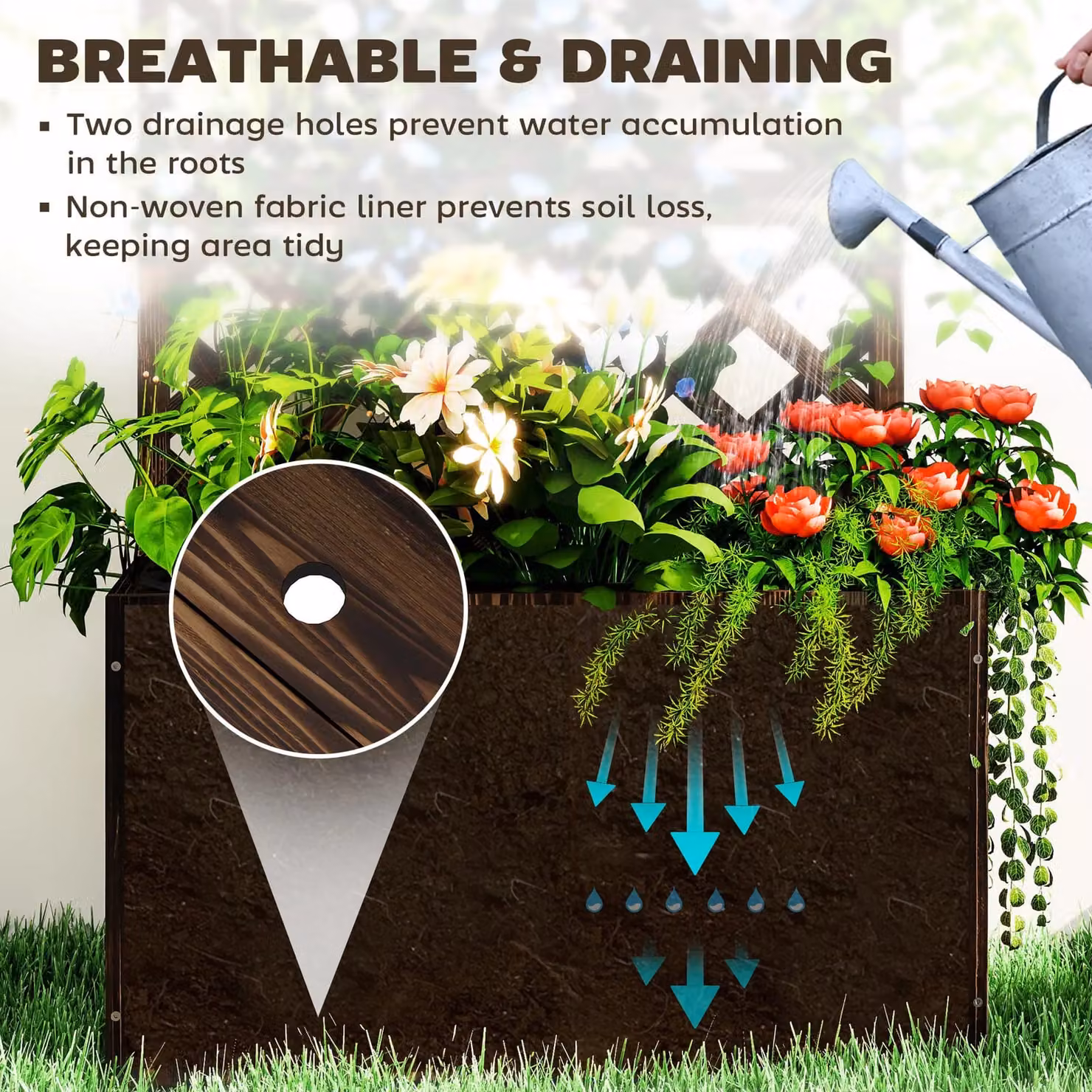 OUTSUNNY Wooden Raised Bed Planter in Sand with Drainage Holes, W/D/H: 122 x 58 x 33 cm – 4