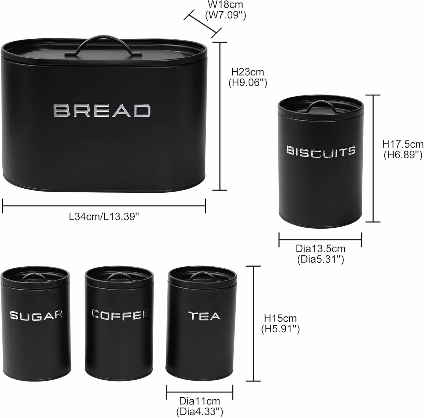 Simpa 5-Piece Matte Black Metal Kitchen Storage Set Including Bread Bin, Biscuit Tin and Canisters – 3