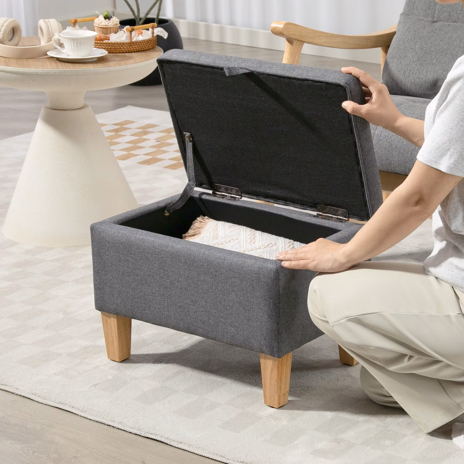HOMCOM 16L Linen Storage Ottoman Padded Footstool in Grey with Rubberwood Legs, W/D/H: 120 x 49 x 36 cm – 6