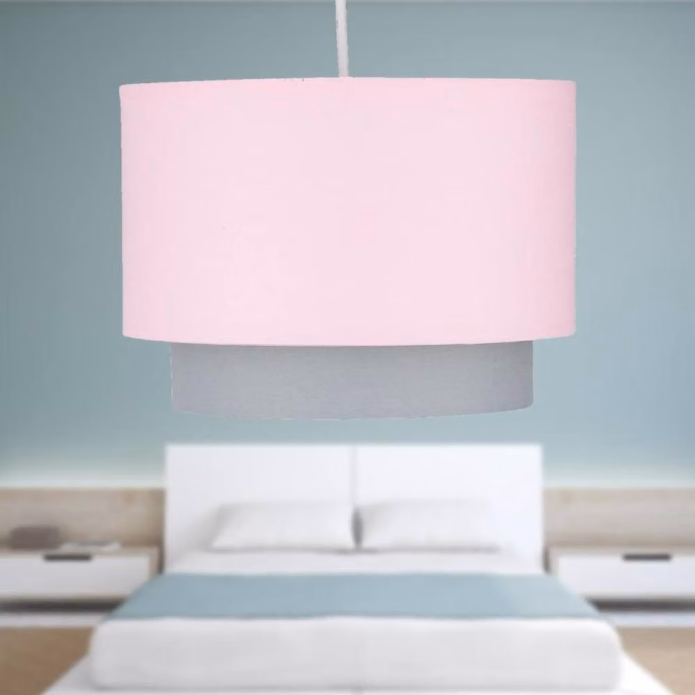 First Choice Lighting Pink and Grey 2 Tier Fabric Cylinder Easy Fit Ceiling Lightshade – 3
