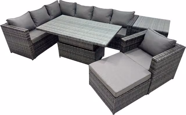 Fimous 8-Seater Rattan Corner Sofa Set with Adjustable Rising Table in Dark Grey Mixed Rattan and Fabric