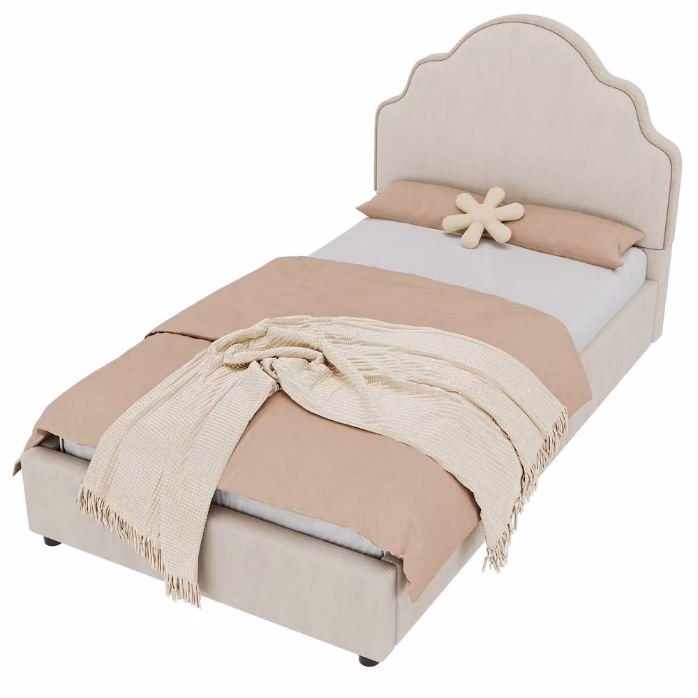 Matteo Girl's Scalloped Upholstered Hydraulic Ottoman Kids Bed Frame, Beige Linen, W/D/H: 90 x 190 cm – 2