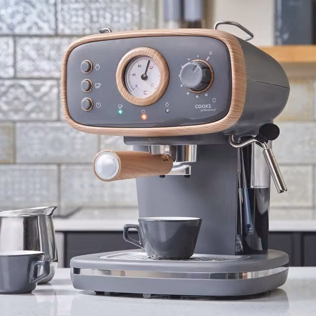 Cooks Professional 15-Bar Retro Espresso Coffee Machine with Steam Wand and 1.2L Removable Water Tank in Grey