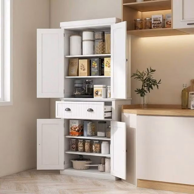 STILVORA White MDF Storage Cabinet with Drawer, Hinged Doors and Adjustable Shelves – 1