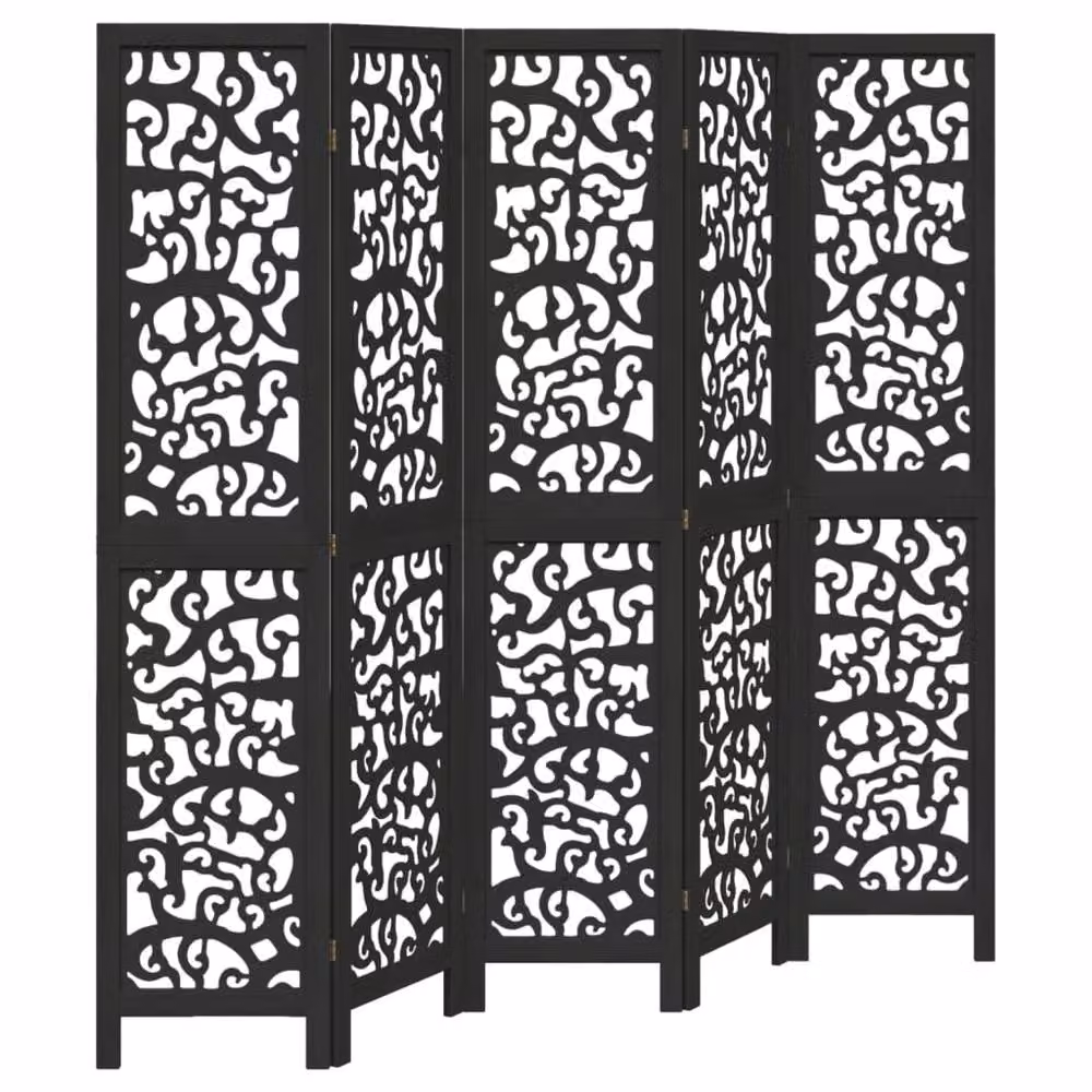 Berkfield Home 5-Panel Room Divider in Black Solid Paulownia Wood – 2