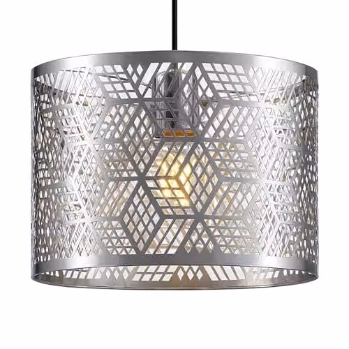 Innoteck Modern Chrome Metal Drum Lampshade with Cube-Pattern Cut-Out Design for E27 Holders and B22 Adaptor