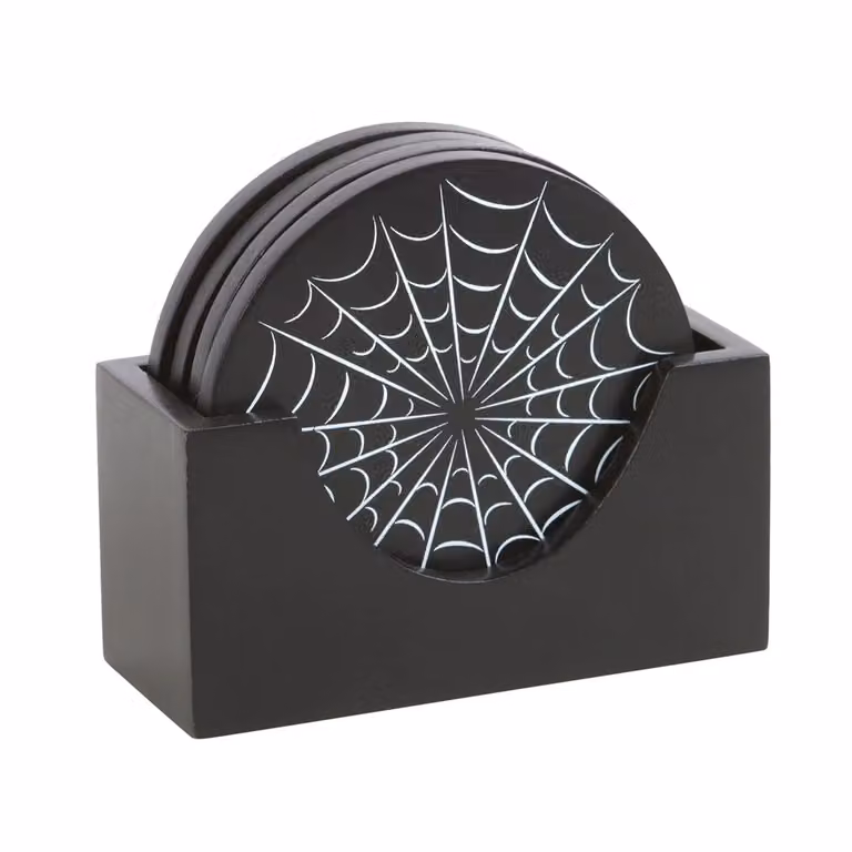 Something Different Spider Web Coaster Set of 4 in Black with Holder