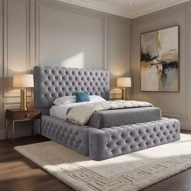 Casani Woolmer Grey Upholstered Chesterfield Designer Bed Frame, W/D/H: 200 x 137 x 221 cm – 1
