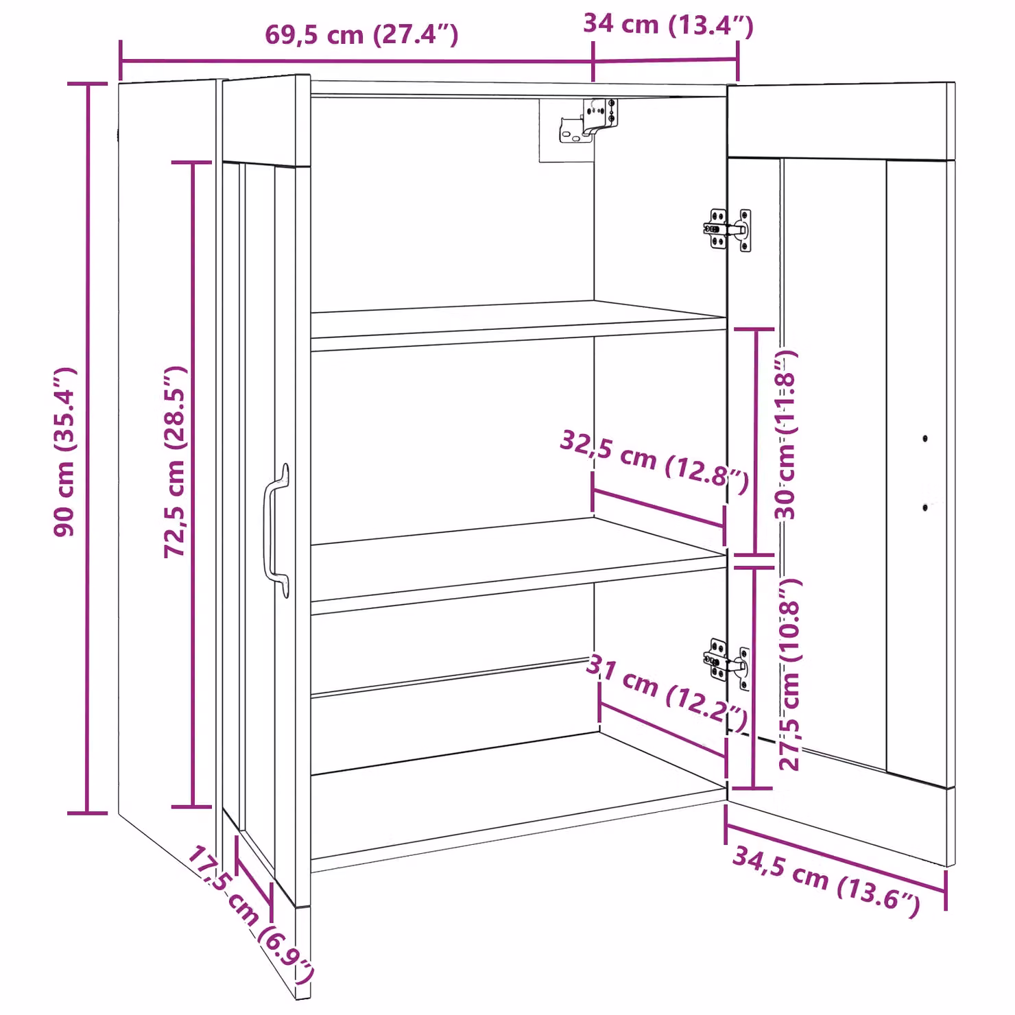 Berkfield Home Modern Black Hanging Wall Cabinet with Hinged Doors, W: 69.5 cm, D: 34 cm, H: 90 cm – 5