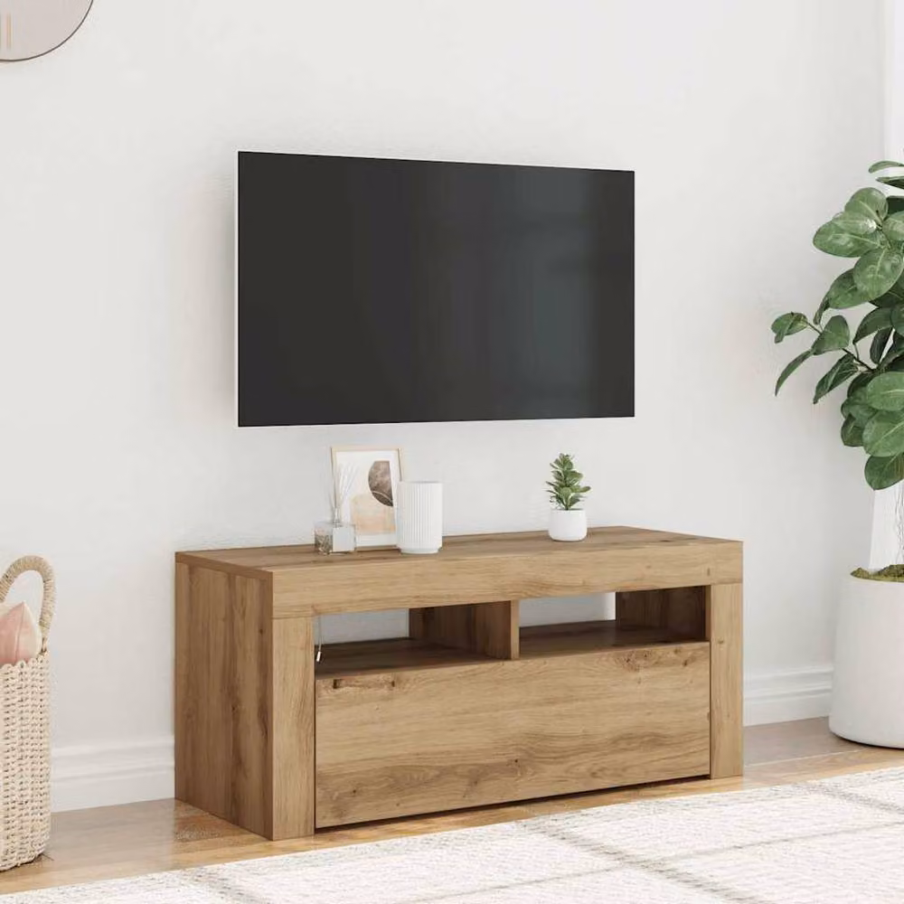 Berkfield Home Artisan Oak TV Cabinet with LED Lights, Brown, W/D/H: 90 x 35 x 40 cm – 2