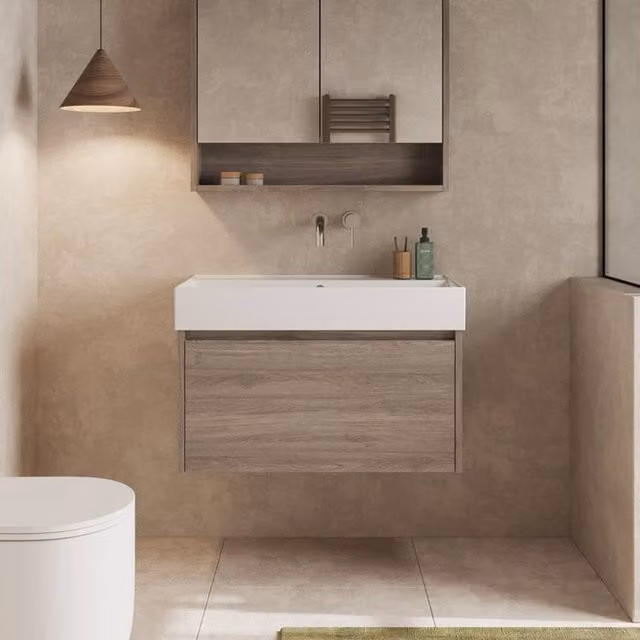 Banyetti Mino 800mm Wall Hung Vanity Unit with Veneto 0TH Basin in Nebraska Oak Dark Brown – 1