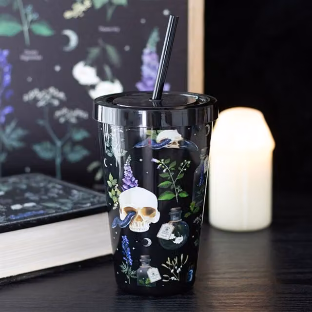 KDMK Venom Vines Print Reusable Plastic Tumbler with Straw, Black, 550 ml