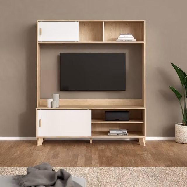 Furniture To Go Ikast Modern TV Wall Unit with 2 Sliding Doors in Jackson Hickory and White