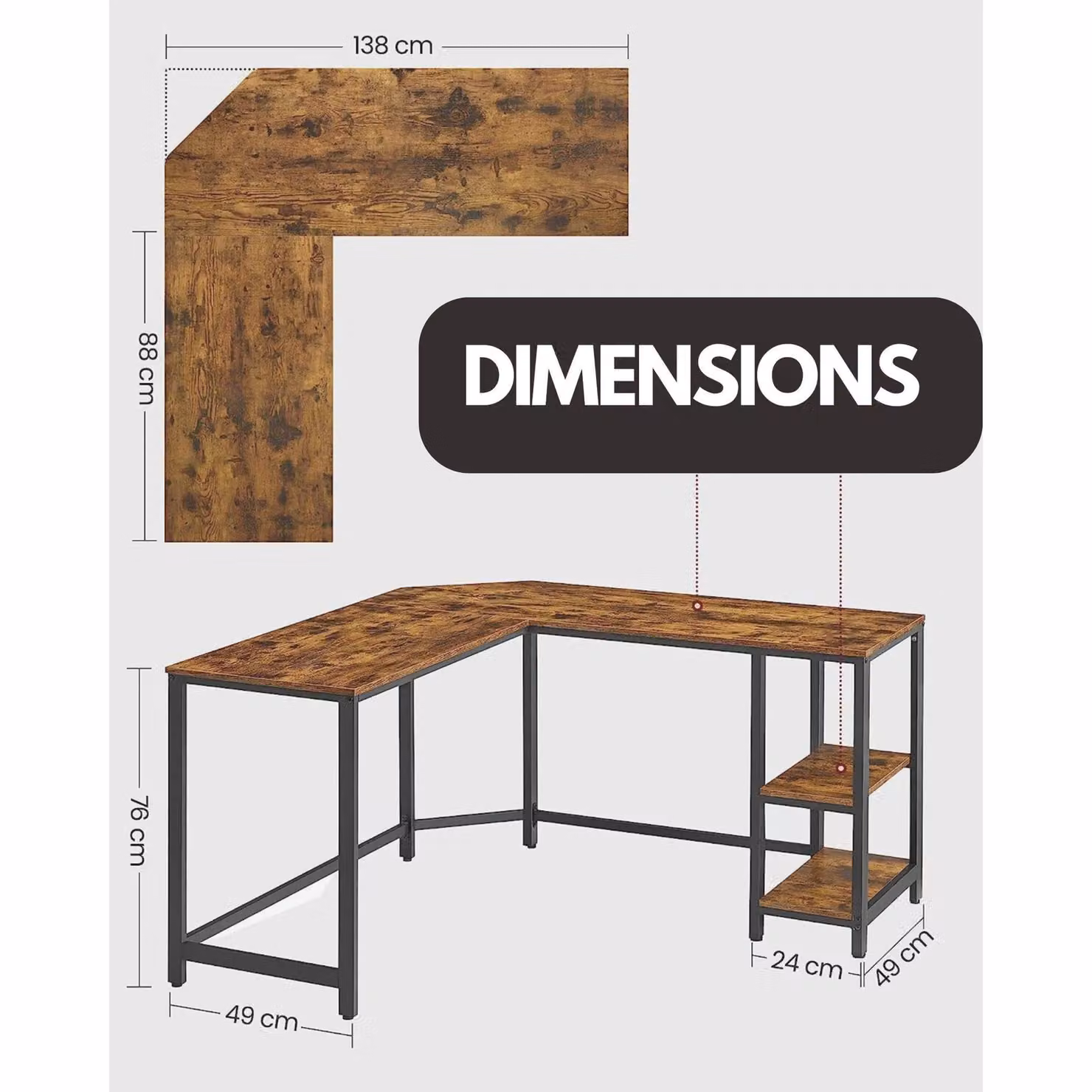 Rafaelo Mobilia Industrial Rustic L-Shaped Corner Writing Desk with Steel Frame in Brown – 3