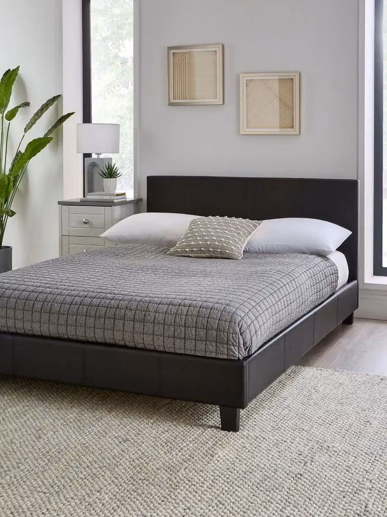 Everyday Marston Small Double Bed Frame in Black Upholstered Synthetic Leather, W/D/H: 120 x 200 cm