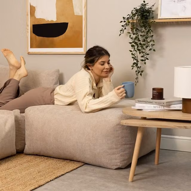 Bean Bag Bazaar icon Tetra Fine Cord Slab Pouffe in Natural Beige and Yellow