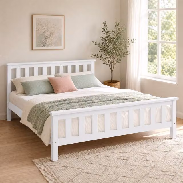STILVORA Modern Double Bed Frame in White Lacquered Solid Pine, W/D/H: 135 x 190 cm