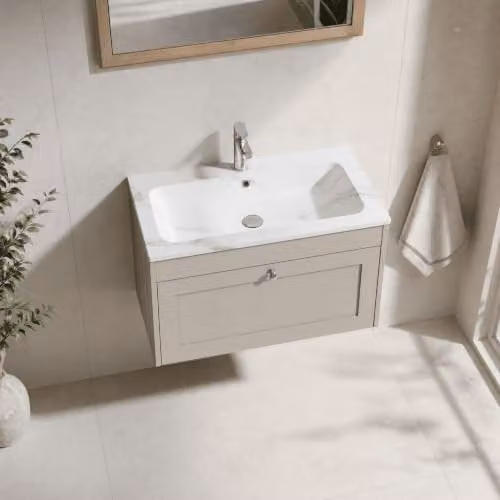 Balterley Wall Hung Single Drawer Vanity Unit with Rectangular Basin in Pebble Grey, W: 80 cm, D: 45.3 cm, H: 43.1 cm – 3
