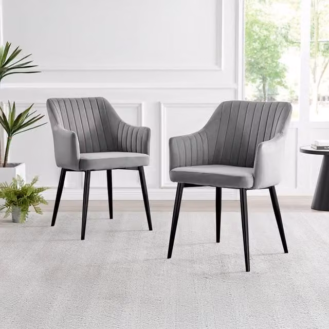 FurnitureboxUK Set of 2 Calla Grey Velvet Upholstered Dining Chairs with Black Metal Legs