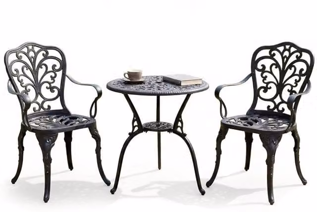 Centurion Supports Bangui 2 Chairs Bistro Set in Matt Black Metal with Vintage Floral Design
