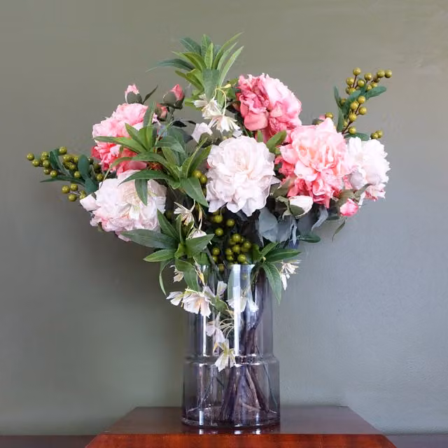 Mixed Peonies Glass Vase in Pink, Grey and Green, H 26.0 cm x W 17.0 cm x D 17.0 cm