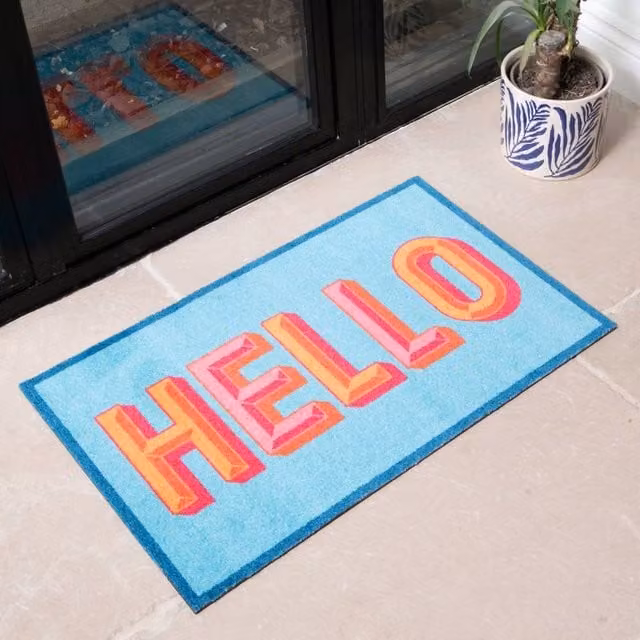 Artsy Mats Blue Hello Indoor Washable Non-Slip Doormat, W: 50 cm, D: 80 cm