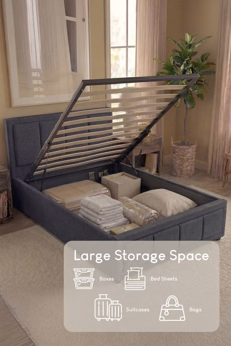 Vida Designs Vanita Single Ottoman Bed Frame with Storage in Dark Grey Linen Fabric