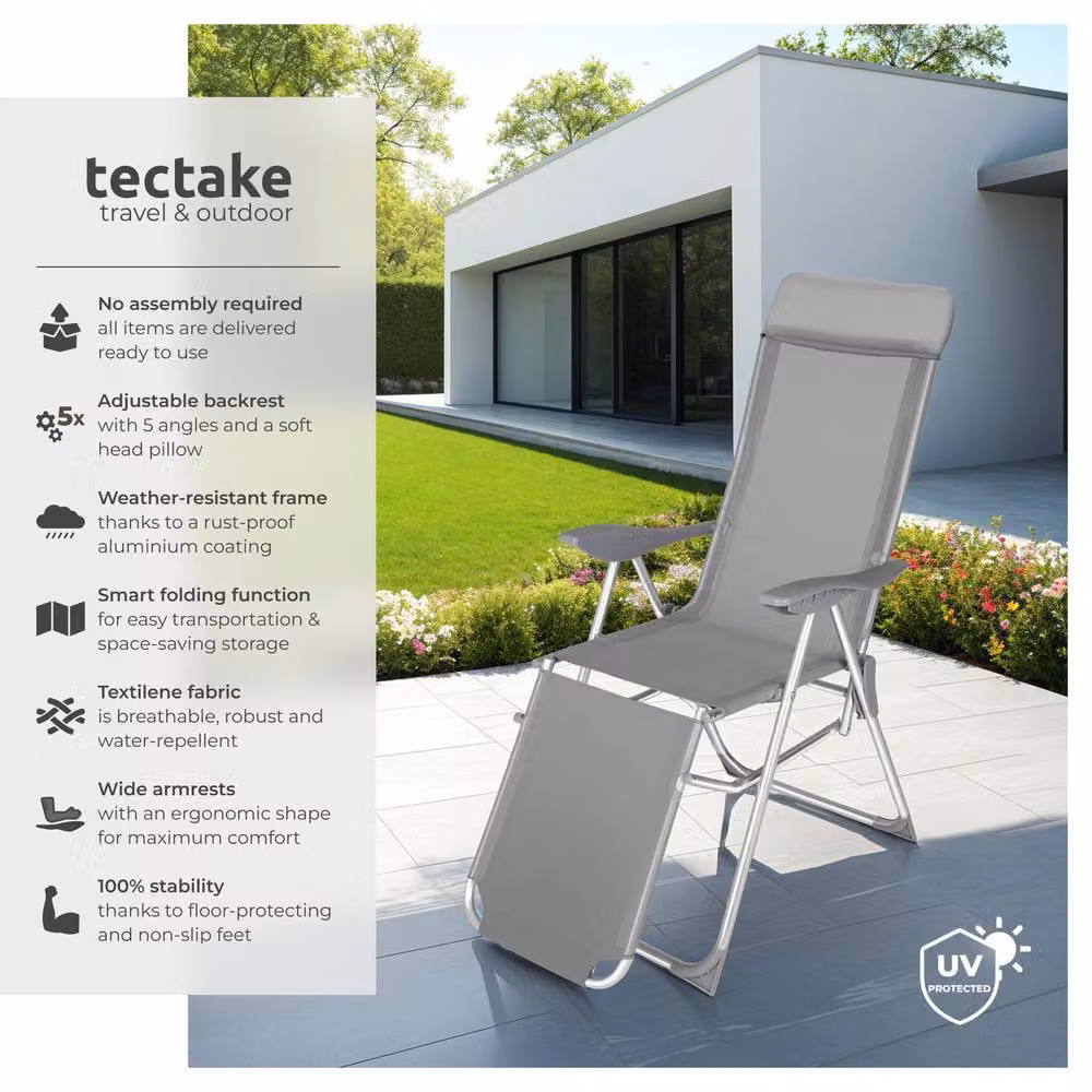 tectake 2-Seater Folding Aluminium Garden Chairs with Adjustable Headrest and Footrest in Grey – 2
