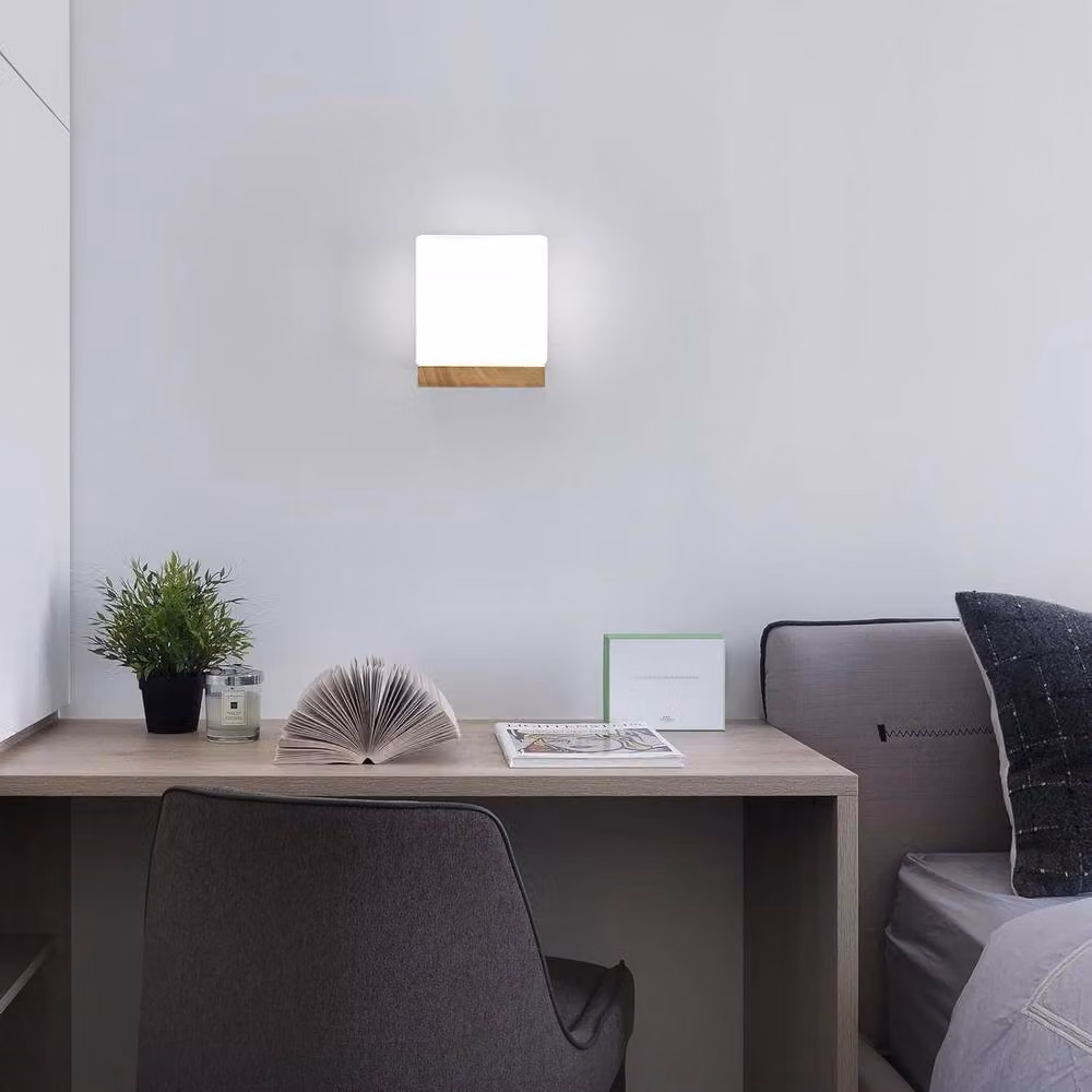 Goeco Vintage Square E27 Wood and Glass Interior Wall Lamp in White – 3