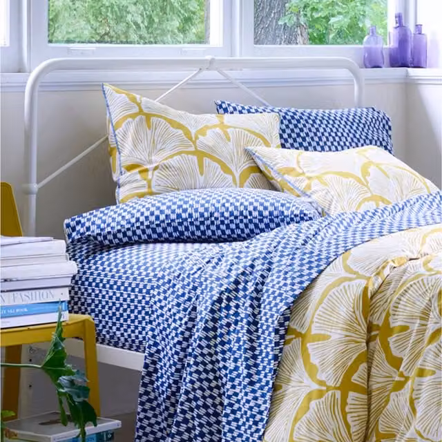 Martex Feather Palm Cotton Duvet Cover and Pillowcase Set in Yellow and Multicolour, W: 90 cm, L: 200 cm