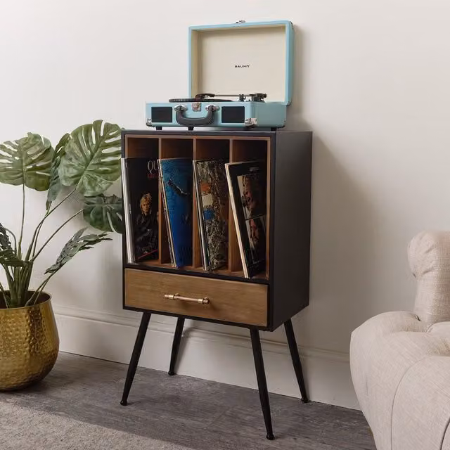 Melody Maison Mid-Century Modern Vinyl Record Storage Cabinet in Matt Black