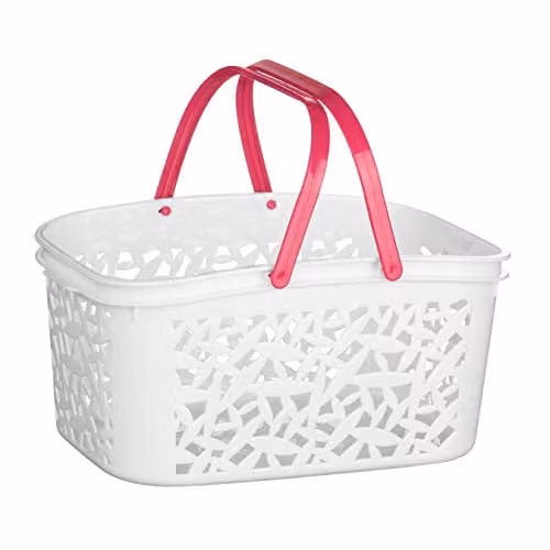 Premier Housewares White Plastic Storage Basket with Pink Handles, W/D/H: 19 x 14 x 28 cm