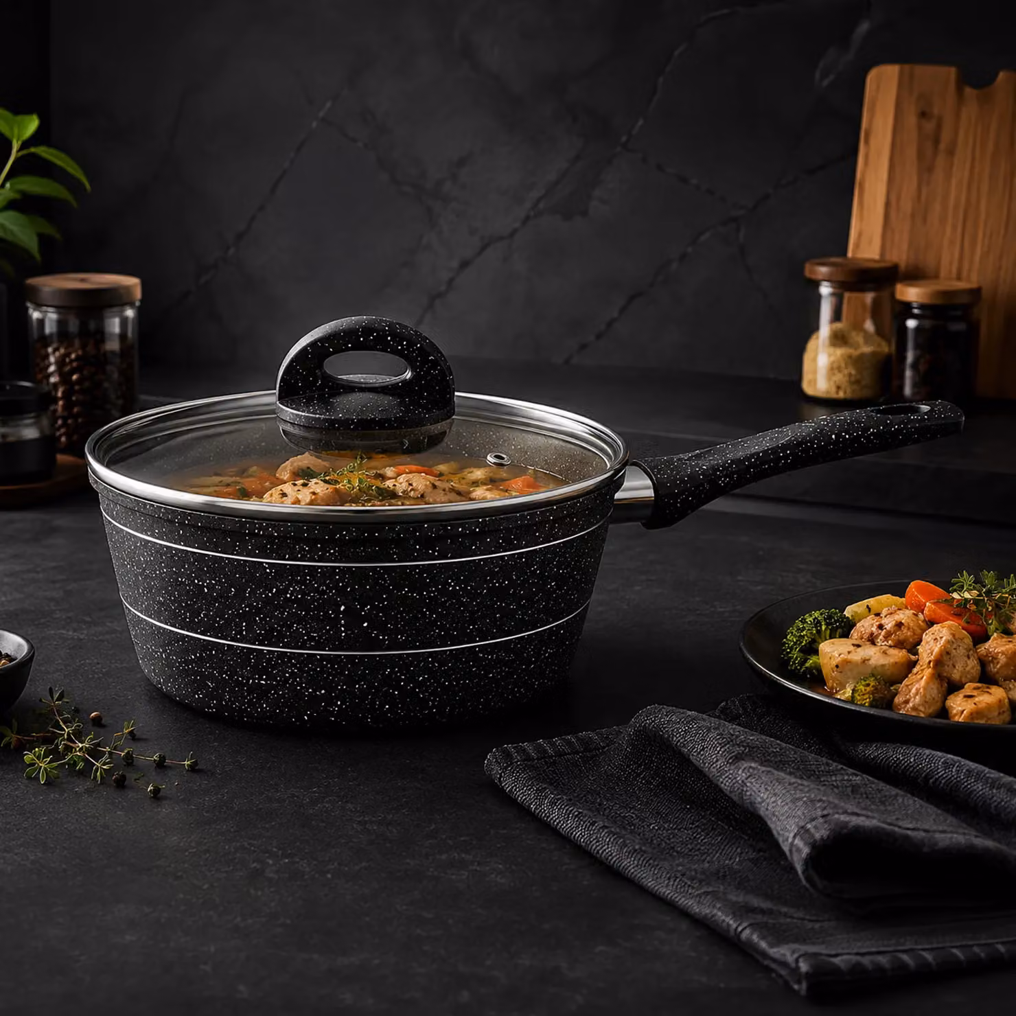 Royalford Non-Stick Granite Coating Multipurpose Saucepan with Glass Lid, Black, 20cm – 2