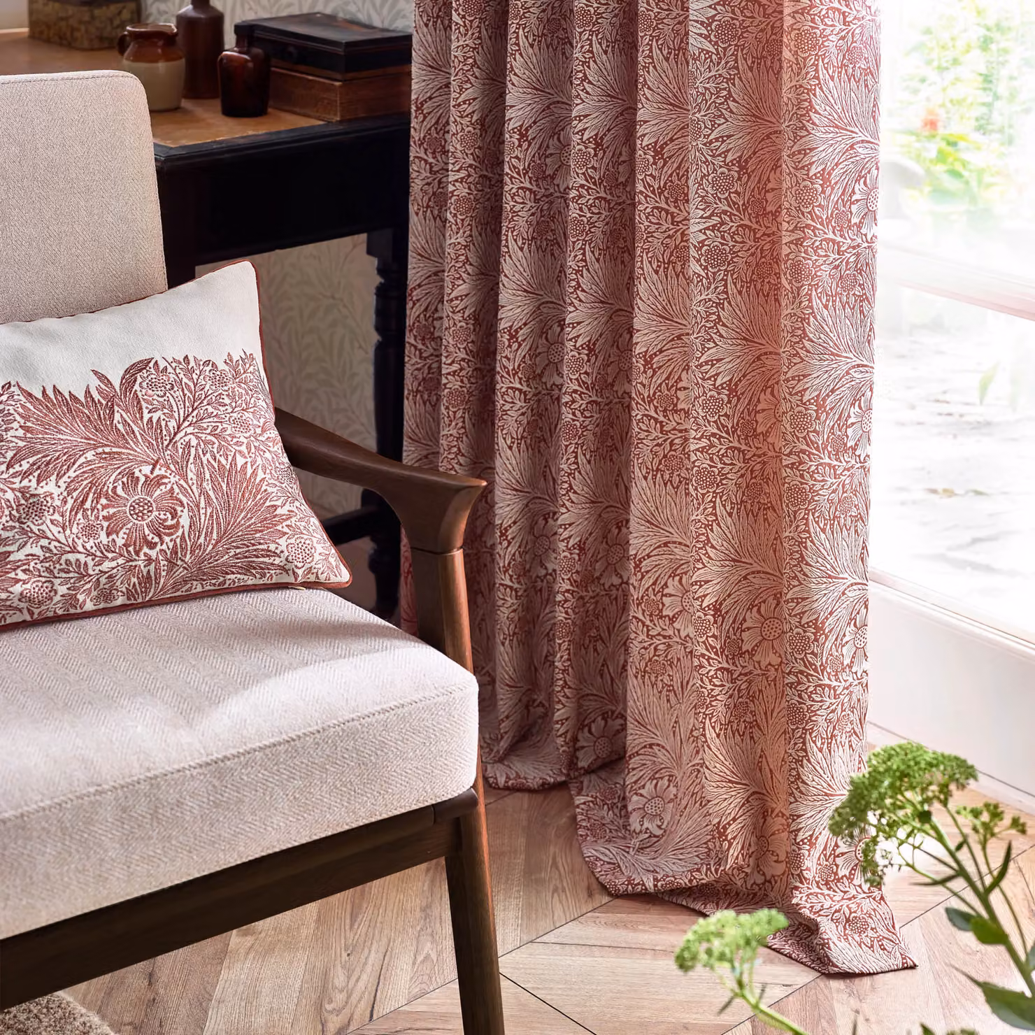 Morris & Co. Marigold Jacquard Floral Pencil Pleat Curtains, Red/Orange, Width: 229 cm, Drop: 229 cm – 5