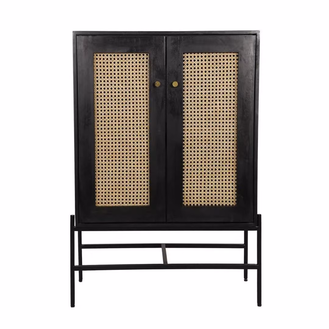 Jaipur Furniture Ltd Rattan 2 Door Highboard Cabinet in Black Mango Wood and Iron, W80 x D45 x H120 cm – 2