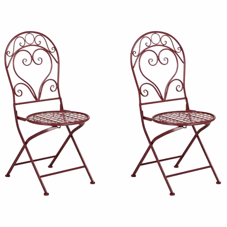Wyld and Coco Set of 2 Burgundy Powder Coated Steel Outdoor Chairs with Antique Scrollwork Design