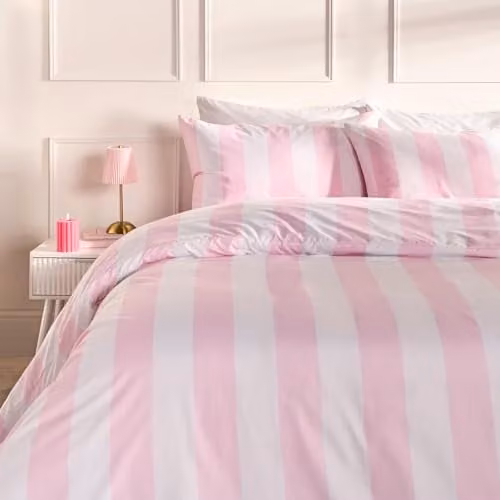 OHS Striped Microfibre Polyester Double Duvet Cover Set with Pillowcases, Pink and White, Duvet Cover: 200 x 200 cm, Pillowcase: 50 x 75 cm