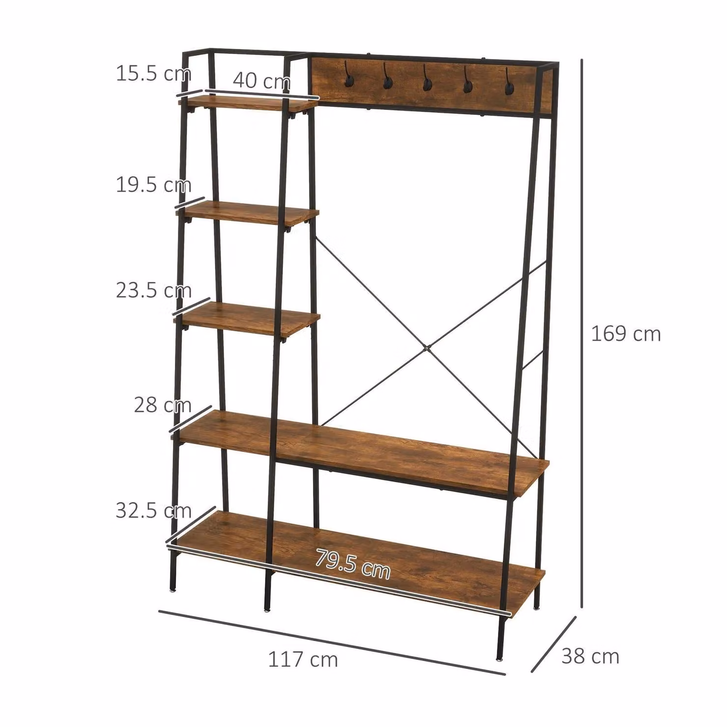 Rafaelo Mobilia Industrial Hall Tree with Bench and Shoe Storage, Brown – 2