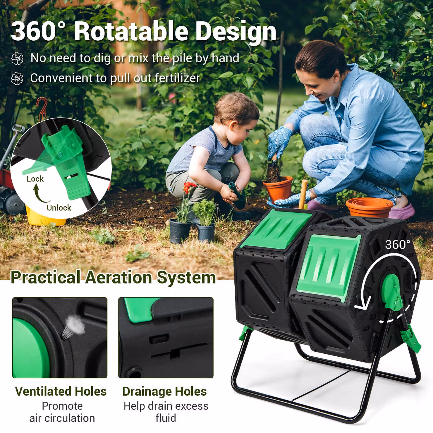 Costway Dual Chamber Garden Compost Bin with Sliding Doors, 130L, Black – 7