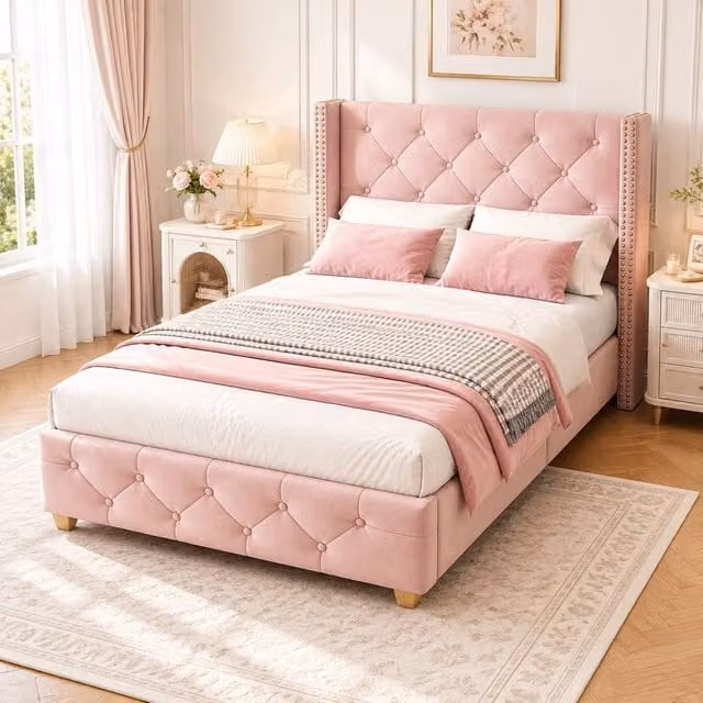 STILVORA Pink Velvet Upholstered Single Bed W/D/H: 90 x 190 x 120 cm