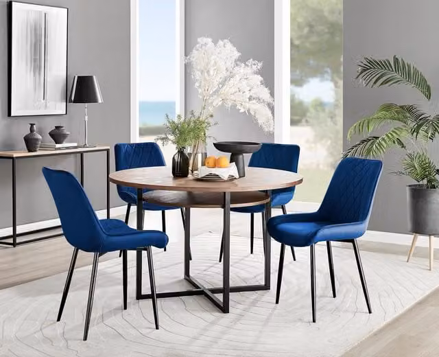 FurnitureboxUK Adley Brown Wood Round Dining Table and 4 Pesaro Navy Blue Chairs with Black Legs