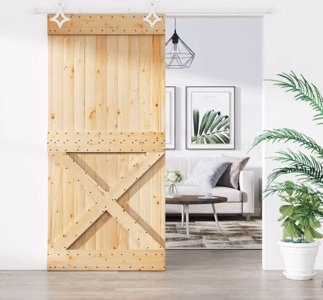 Berkfield Home Rustic Solid Wood Pine Sliding Door with Hardware Set, Brown, W: 95 cm, H: 210 cm