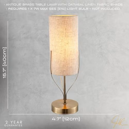 Happy Homewares Antique Brass Metal Table Lamp with Cylindrical Beige Fabric Shade, H 40 cm x W 12 cm x D 12 cm – 3