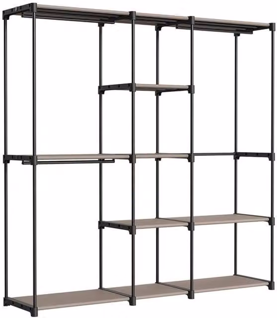 Pirlo Plush Minimalist Metal Clothes Rail with Non-Woven Fabric Shelves in Black and Beige, H 182 cm x W 130 cm
